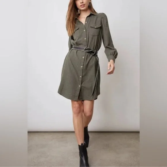 Rails Leona Long Sleeve Cotton Blend Shirtdress in Hunter Green